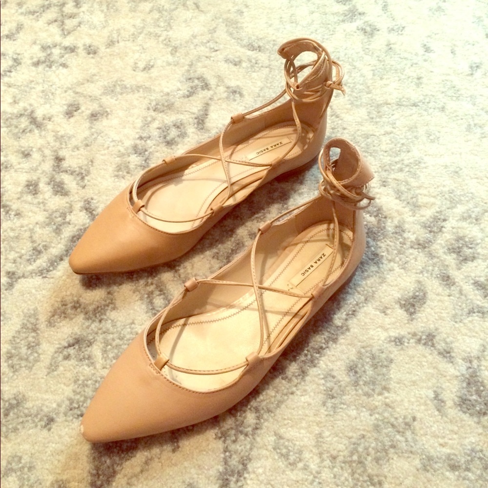 Zara Basic Nude lace up Pointed Ballet Flats sz 38